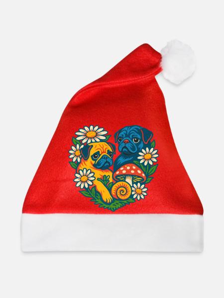 Lebendiges florales Mops-Duo - Weihnachtsmütze - Rot