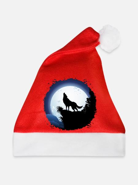 Wolf heult bei blauem Vollmond - Weihnachtsmütze - Rot - Vorne