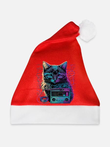 Katze mit Kassette - Weihnachtsmütze - Rot
