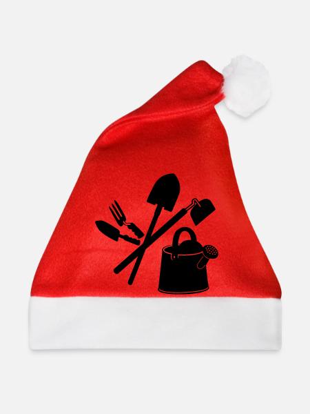 Gartengeräte, Schaufel und Hacke, Blumengießer - Weihnachtsmütze - Rot - Vorne