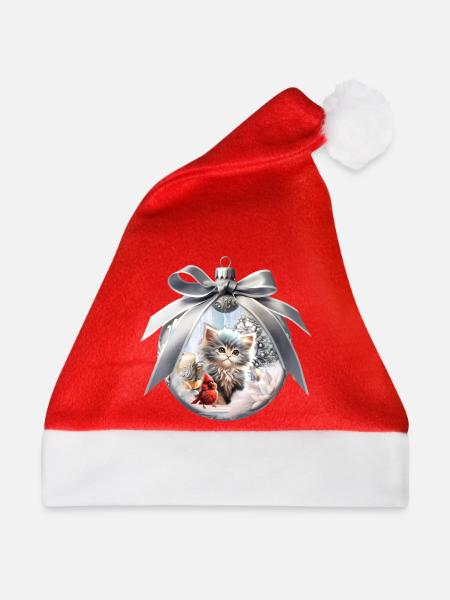 Kleines Kätzchen mit Vogel. - Weihnachtsmütze - Rot