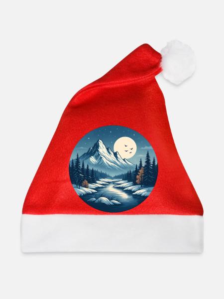 Bergige Nachtlandschaft mit Fluss - Weihnachtsmütze - Rot