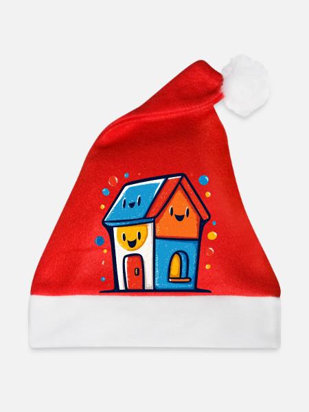 Buntes Haus-Trio mit lachenden Gesichtern - Weihnachtsmütze - Rot