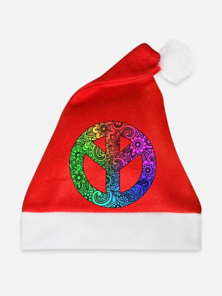 Frieden - buntes Friedenssymbol - Weihnachtsmütze - Rot