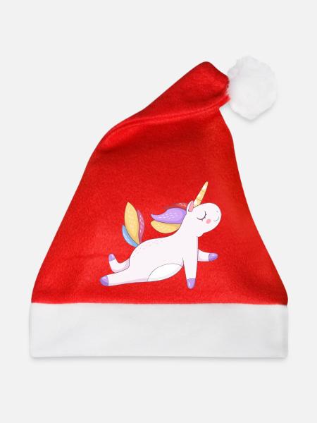 Buntes Einhorn sitzend, Pastellmuster - Weihnachtsmütze - Rot