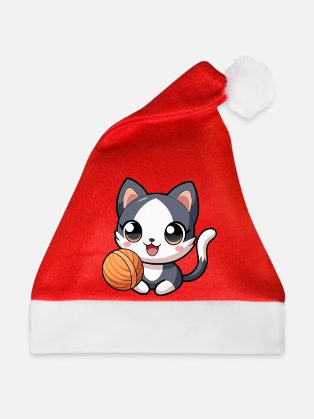 Schwarz-weißes Kawaii-Kätzchen mit Strang - Weihnachtsmütze - Rot