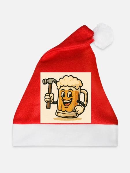 Bierglas mit lachendem Gesicht und Hammer - Weihnachtsmütze - Rot - Vorne