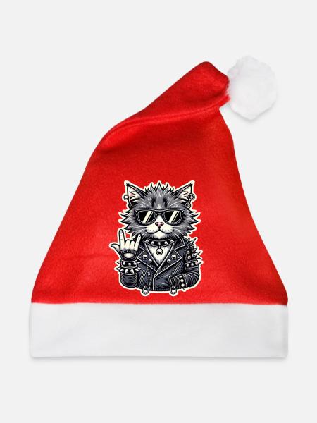 Rockiger Katzenstil mit Lederjacke - Weihnachtsmütze - Rot - Vorne