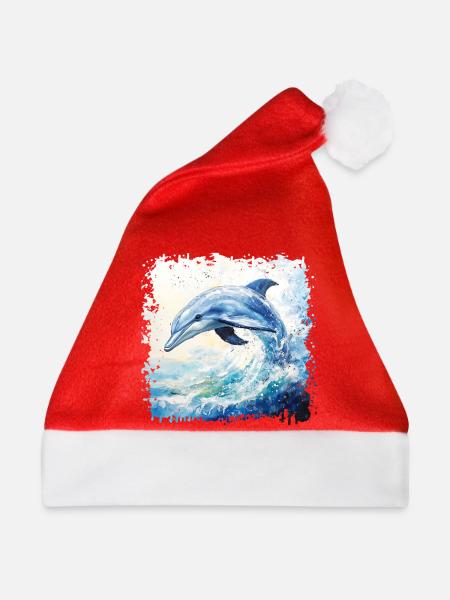 Lebensfroher Delfin im Aquarell-Wirbel - Weihnachtsmütze - Rot
