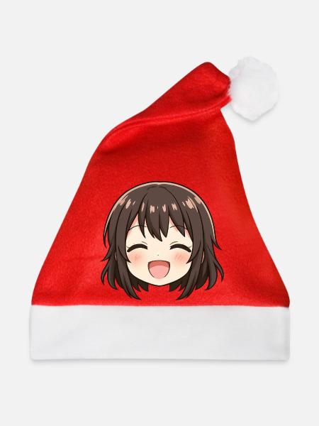 Chibi Gesicht Braunes Lächeln - Weihnachtsmütze - Rot
