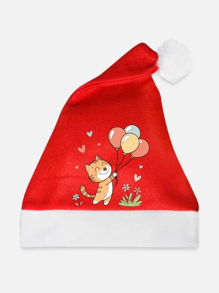 Fröhliche Katze mit Luftballons - Weihnachtsmütze - Rot