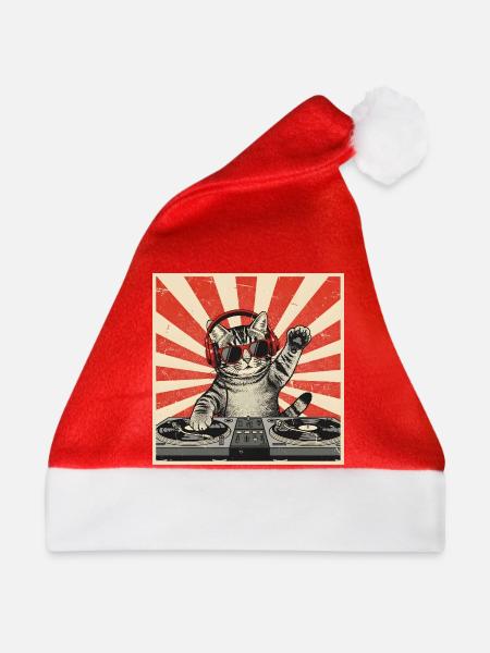 Katzen-DJ Retro Pop Art - Weihnachtsmütze - Rot - Vorne