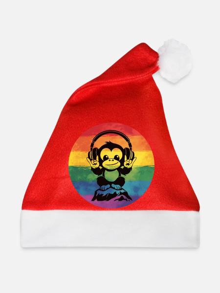 Regenbogen DJ Affe – Kopfhörer Rockhandzeichen - Weihnachtsmütze - Rot