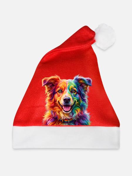 Regenbogenhund / Hund in Regenbogenfarben - Weihnachtsmütze - Rot