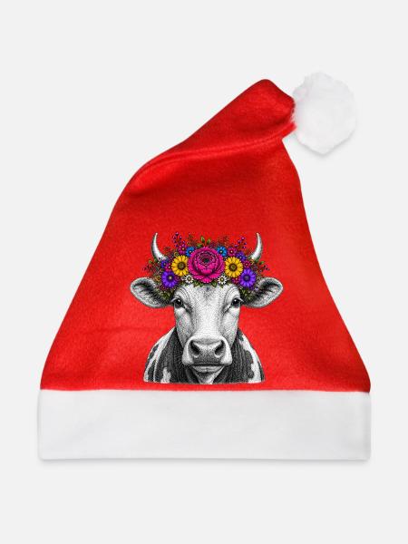 Kuh mit Blumenkrone - Weihnachtsmütze - Rot