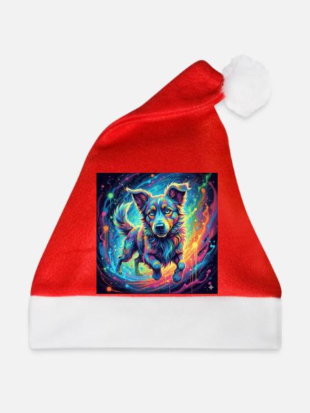 Neonfarbiger Hund im Farbwirbel - Weihnachtsmütze - Rot