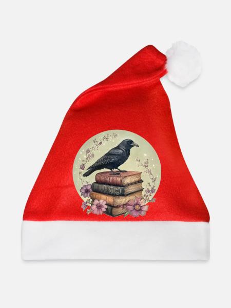 Rabe auf Bücherstapel - Weihnachtsmütze - Rot