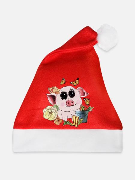 Niedliches Schweinchen mit Kulleraugen - Weihnachtsmütze - Rot