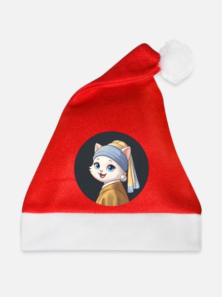 Mädchen mit dem Perlenohrring Katze - Weihnachtsmütze - Rot