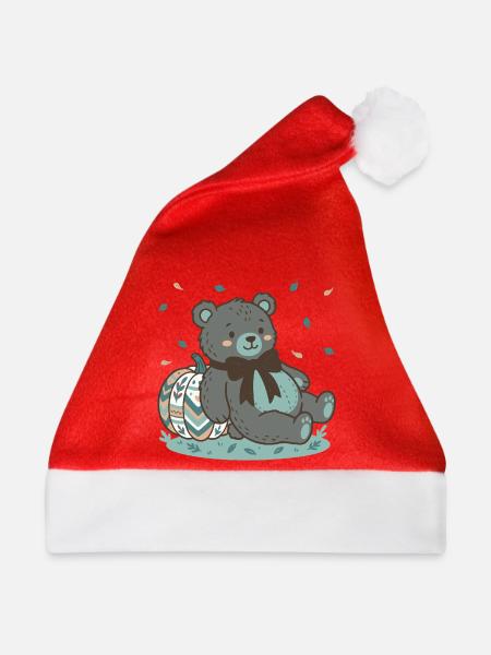 Grauer Teddybär mit gestempeltem Kürbis - Weihnachtsmütze - Rot
