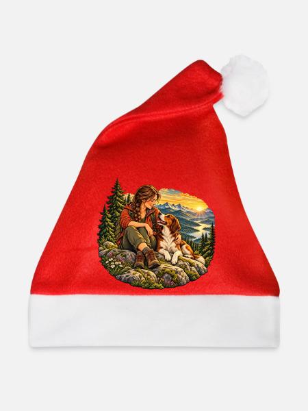 Wanderin mit Hund in den Bergen - Weihnachtsmütze - Rot