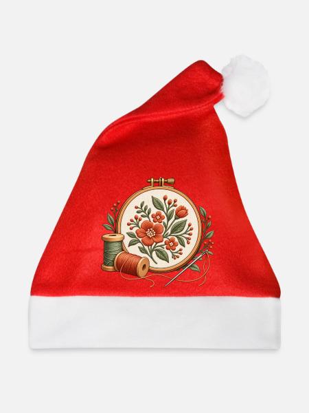 Stickrahmen mit Blumen - Motiv für Stickfans - Weihnachtsmütze - Rot
