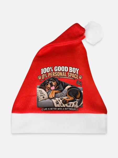 Rottweiler Cozy auf Sofa - Weihnachtsmütze - Rot