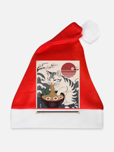 Kawaii Katze Ramen Nudeln Anime Katze - Weihnachtsmütze - Rot - Vorne