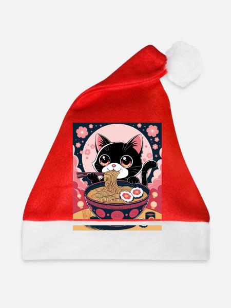 Kawaii Katze Ramen Nudeln Anime Katze - Weihnachtsmütze - Rot - Vorne
