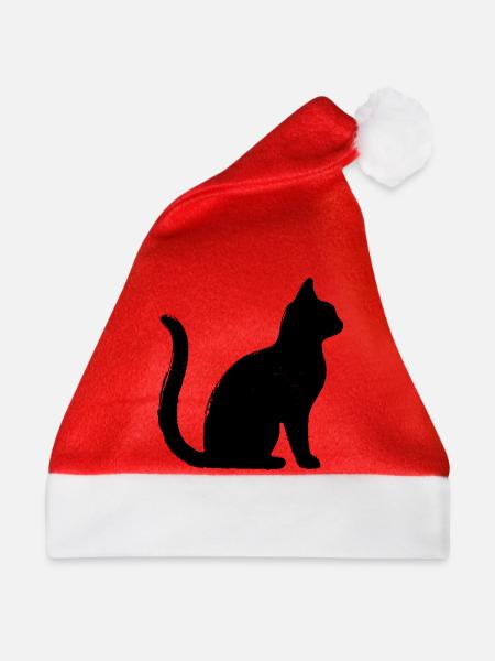 Katze - Silhouette SCHWARZ - Weihnachtsmütze - Rot