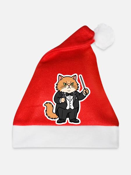 Dirigent Katze Orchester Taktstock T-Shirt - Weihnachtsmütze - Rot - Vorne