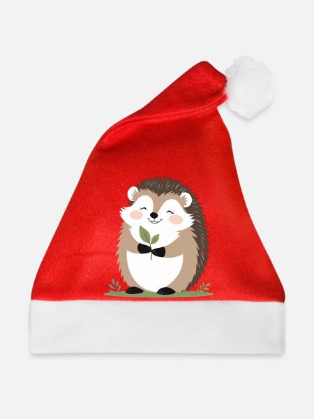 Süßer Igel mit Blatt - Weihnachtsmütze - Rot