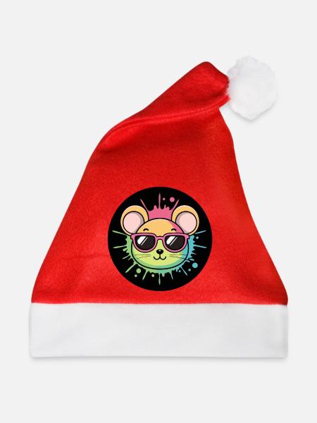 Regenbogenmaus Neonbrillenabzeichen - Weihnachtsmütze - Rot