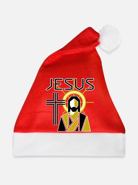 Jesus Ikone mit Heiligenschein  - Weihnachtsmütze - Rot - Vorne