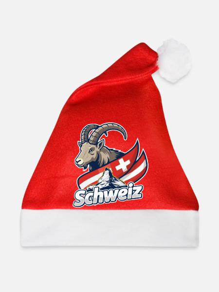 Alpensteinbock mit Schweizer Flagge - Weihnachtsmütze - Rot