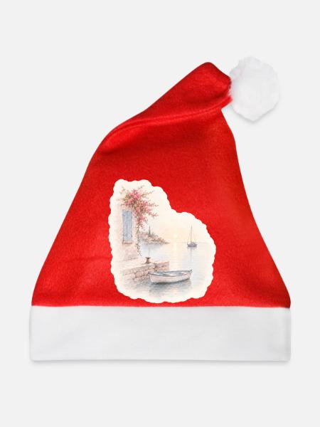 Hafenruhe – Kleines Boot im Morgenlicht - Weihnachtsmütze - Rot - Vorne