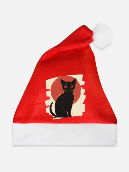 Schwarze Katze - Weihnachtsmütze - Rot