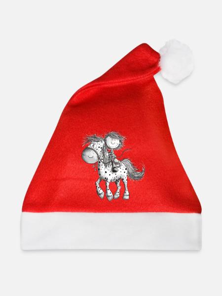 Drolliges Pferd mit Reiter Cartoon Pferdchen - Weihnachtsmütze - Rot - Vorne