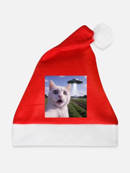 Katzen-Selfie mit Alien-UFO - Weihnachtsmütze - Rot