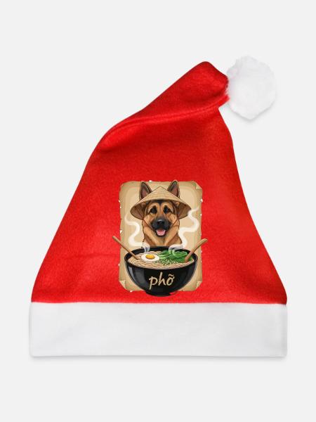 Phở Hund im Bambushut - Weihnachtsmütze - Rot