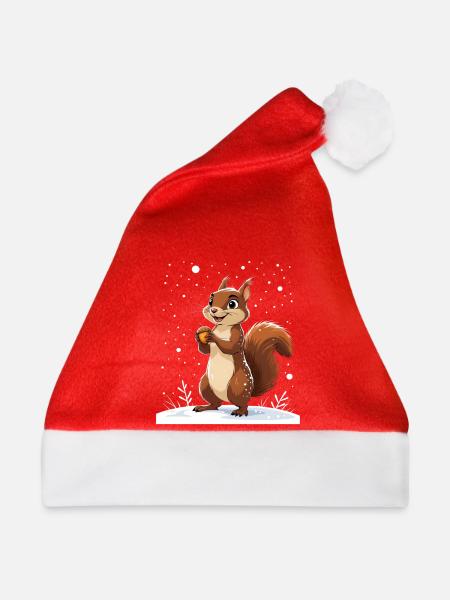 Winterliches Eichhörnchen mit Eichel - Weihnachtsmütze - Rot