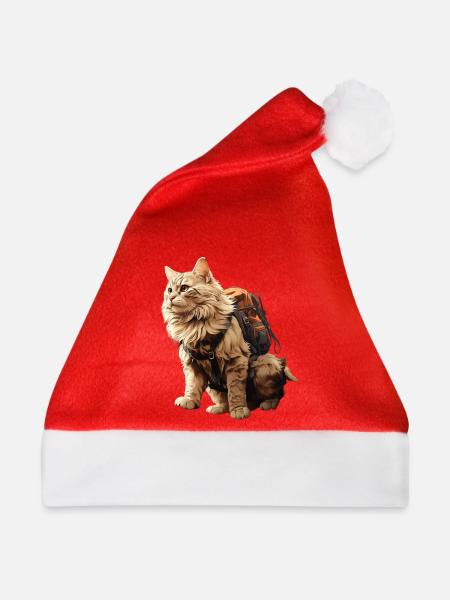 Abenteuer Katze mit Rucksack - Weihnachtsmütze - Rot