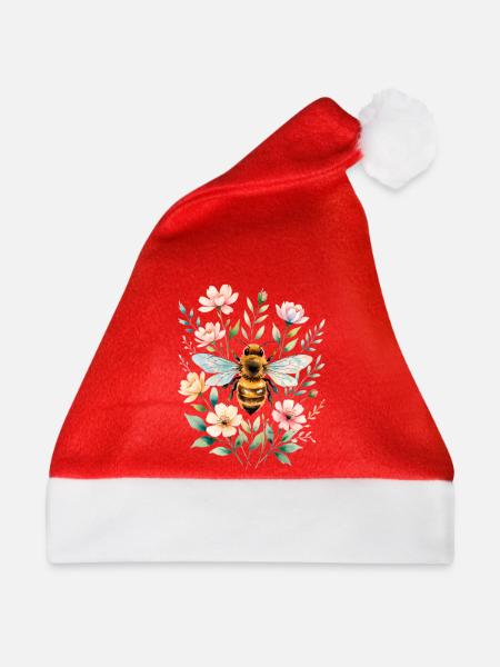 Biene im Blütenrahmen - Weihnachtsmütze - Rot