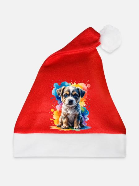 Welpen Aquarell Farbexplosion - Weihnachtsmütze - Rot - Vorne