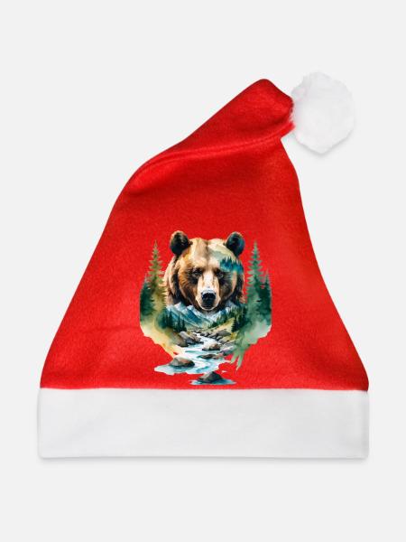 Wasserfarbener Waldbär - Weihnachtsmütze - Rot