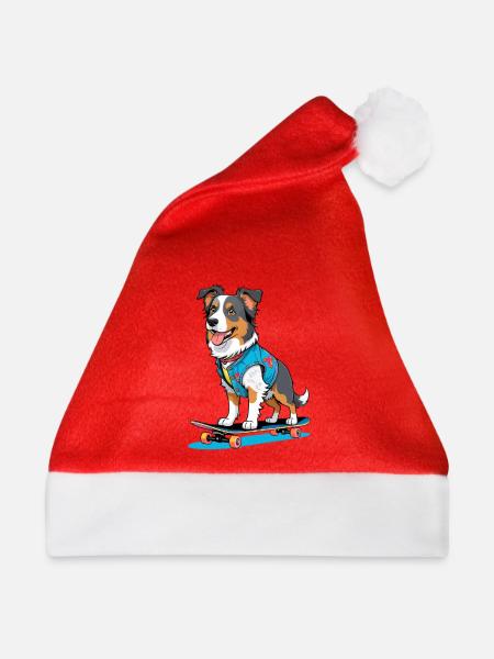 Skateboardhund im Jeansvest - Weihnachtsmütze - Rot