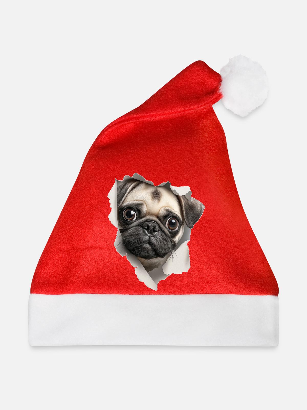 Mops - Weihnachtsmütze - Rot - Vorne