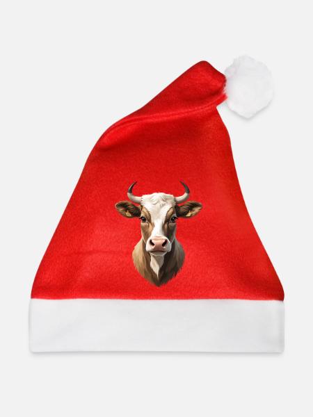 Kuhkopf Portrait Naturtöne - Weihnachtsmütze - Rot