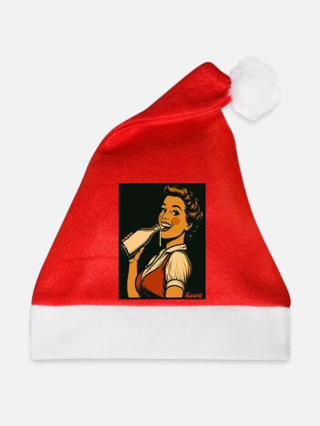 Retro Dame mit Milch Getränk  - Weihnachtsmütze - Rot