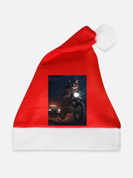Nachtkatze auf Motorrad - Weihnachtsmütze - Rot